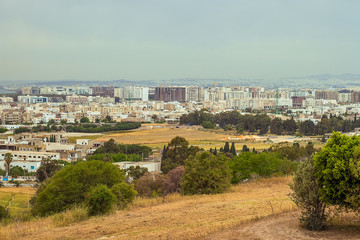 Obraz premium Panoramic view on the capital of Tunisia - Tunis city from Byrsa hill, white buildings and green trees