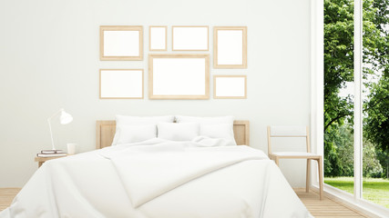 Bedroom and living area with forest view for hotel or villa artwork - Bedroom in house or apartment with meadow and forest view background - 3D Rendering