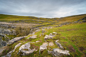 Pennine Way above Malham Cove, in Malhamdale which has extensive Limestone Pavement at the top where the Pennine Way passes by and on up Ing Scar