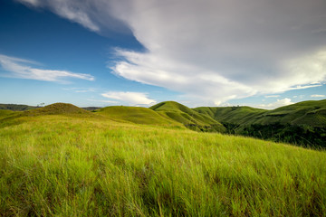 Obraz premium Green Grass Climbs Sumba Island Indonesia Photo. Scenery Nature Landscape. Amazing View on Hills, Cloudy Sky. Panoramic Photography on Asian Hilly Ecoregion in Good Weather Summer Day