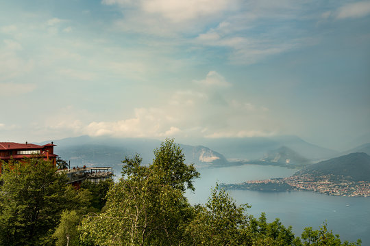 View from Mount Sasso del Ferro to the panoramic terrace, Lake Maggiore and Intra, Verbano-Cusio-Ossola, Italy