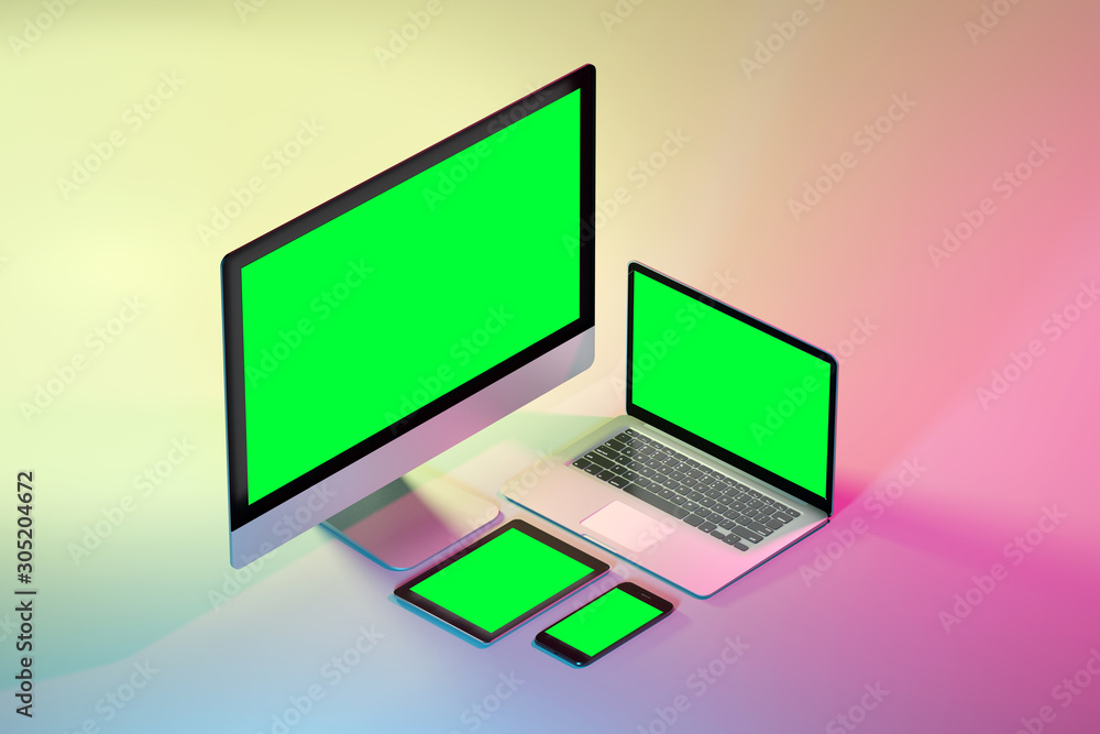 Poster mock up of isometric devices on a colorfull background - 3d rendering