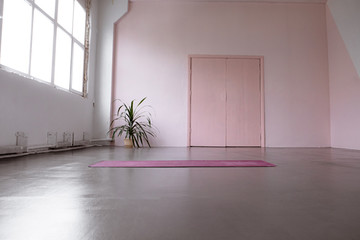 Gym interior with pink yoga mat, big windows, no people. Copy space