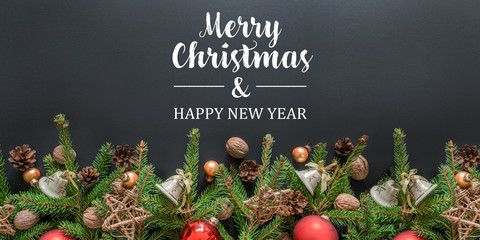 Fototapeta premium Merry Christmas and happy new year. Banner, Christmas greeting card - white letters on a dark black background.