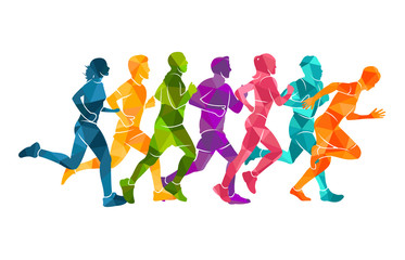 Naklejka na ściany i meble Running marathon, people run, colorful poster vector illustration man sketch hand drawing sport