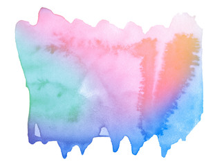 Multicolored watercolor stains in pastel colors with natural stains of paper-based paint. Isolated frame for design. Abstract unique background.