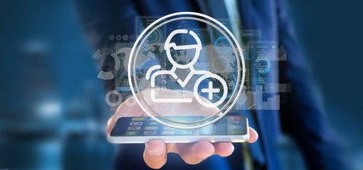 Businessman holding new contact icon