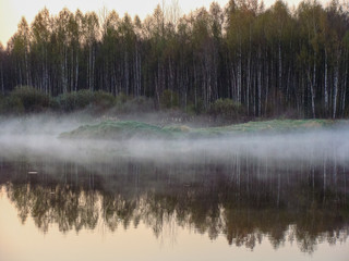 Sunrise landscape at the water, trees reflection in the lake on foggy morning, early morning reeds mist fog and water surface on the lake       