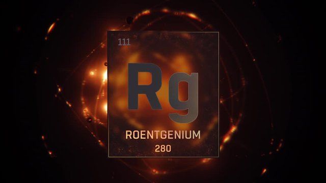 Roentgenium as Element 111 of the Periodic Table. Seamlessly looping 3D animation on orange illuminated atom design background with orbiting electrons. Design shows name, atomic weight and element num