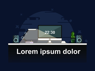 Mordern minimalist night business workspace on home or studio. Vector interior illustration design. Night time to work with night design.