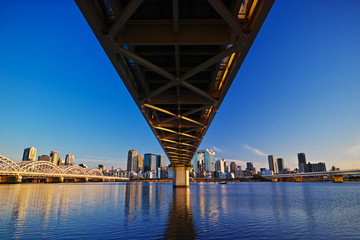 夕暮れの淀川と大阪キタの街並み