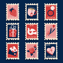Valentine's Day elements in postage stamps collection : Vector Illustration