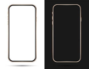 Isolated empty cell phone mockup. Golden phone on the dark background. Golden phone on the white background