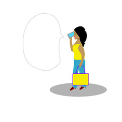 Happy young woman in pants and carrying a bag talking on the phone with a speech bubble. Modern flat design. Isolated on white background.