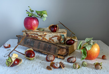 Still life with apples, chestnuts, hazelnuts and old books. Vintage. Close-up.
