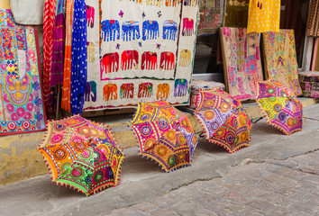 Colorful umbrellas at a street matket in Jaipur, India