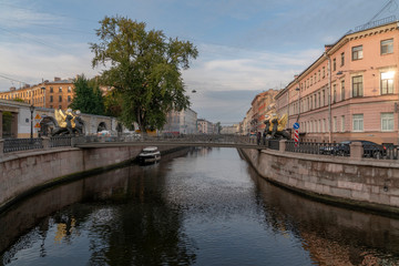 Bank bridge on Griboyedov canal at dawn, St. Petersburg, Russia