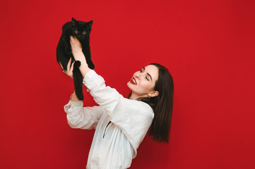 Attractive cheerful woman raised her cat with her hands up and smiling, the owner playing with a small cat on a red background. Happy girl with a cat in her hands having fun. Isolated.