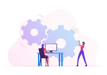Woman Moving Huge Cogwheels Mechanism with Hands, Businesswoman Sitting at Desk with Computer Managing Process on Pc Screen. Development and Innovation in Business. Cartoon Flat Vector Illustration