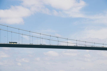 A low angle shot of a highway bridge with blue sky copy space. Civil engineering concept image. 