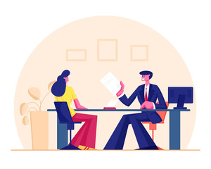 Young Woman Sitting in Bank Office Taking Loan or Mortgage in Real Estate Agency Manager Character Sit at Desktop with Document Communicate with Client Discussing Deal Cartoon Flat Vector Illustration