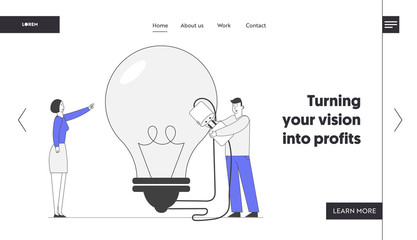 Brainstorm Research Website Landing Page. Business Team Work on Project Searching for Creative Idea. Woman Pointing Huge Light Bulb, Man Switch on Plug Web Page Banner Cartoon Flat Vector Illustration