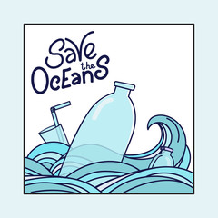 Protect ocean concept. Plastic garbage, bottle, plastic container, straws and cutlery in the ocean. Eco problem banner
