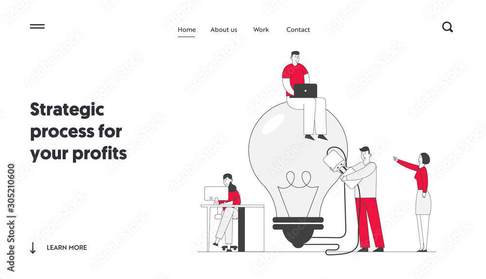 Poster teamworking and searching idea website landing page. business team search insight for project develo
