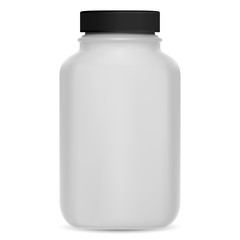 Supplement bottle. Vitamin pill 3d package mockup. Plastic medicine container for tablet, capsule. Medical jar design without logo for health care drugs. Glossy cylinder pack for protein powder
