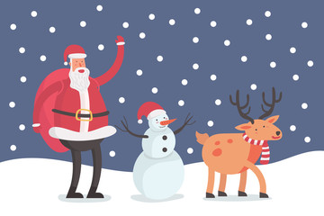 Christmas character cartoon with Santa Claus, reindeer, snowman on outdoor snowfall winter holiday. flat vector illustration