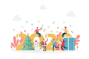 concept of new year two thousand twenty celebrated with happy tiny people, large gifts and Christmas tree, flat vector illustration for web, landing page, ui, banner, editorial, mobile app and flyer.