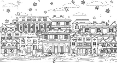 A Christmas street scene with victorian and georgian style houses, shops and other buildings in the snow. In outline like a coloring book page illustration