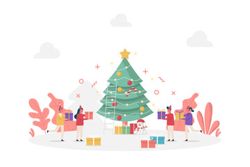 concept of tiny people holding gifts for decorate Christmas tree, new year celebration with snowman, flat vector illustration for web, landing page, ui, banner, editorial, mobile app and flyer.