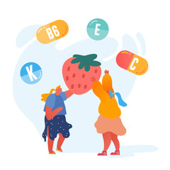 Young Women Holding Huge Strawberry with Vitamins Symbols around. Healthy Lifestyle and Organic Food Choice. Fortified Products Fruits and Berries as Source of Health. Cartoon Flat Vector Illustration