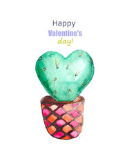 Watercolor illustration of a green cactus in the shape of a heart on a white background. Drawing for Valentine's day greeting cards.