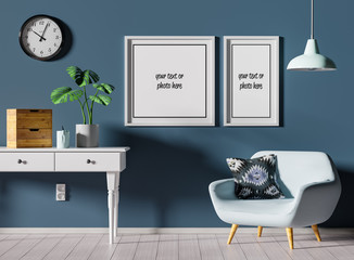 Picture frame template 1:1 and horizontal proportions on blue pastel wall and wooden floor - room in Scandinavian style