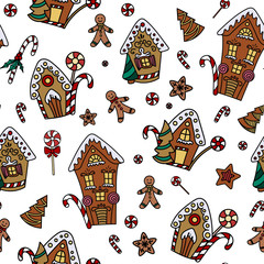 Christmas seamless pattern with gingerbread house, candy canes and lollipops. Hand drawn doodle style. Vector illustration. Isolated on white background. Perfect for wrapping paper, fabric print