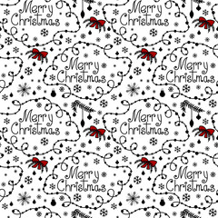 Merry Christmas background with hand drawn text, swirls and snowflakes. Hand drawn doodle style. Isolated on white background. Vector illustration. Perfect for wrapping paper, wallpaper, fabric print