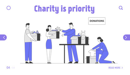 Donation and Charity Website Landing Page. Characters Bringing Boxes with Toys and Clothes for Poor People and Kids in Complicated Life Situation Web Page Banner. Cartoon Flat Vector Illustration