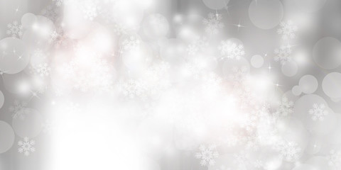 Fototapeta premium white and gray Christmas light with snowflake bokeh background, Winter backdrop wallpaper.