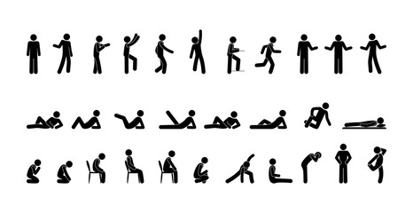 icon man, people stand, sit, lie, stick figure people illustration, isolated human silhouettes