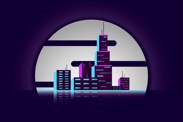 Obraz premium Night city on the background of the moon. Vector illustration of a city panorama. Illustration style is cyberpunk and retro wave