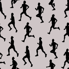 Seamless pattern of silhouettes of running athletes. Isolated figures of people on a gray background