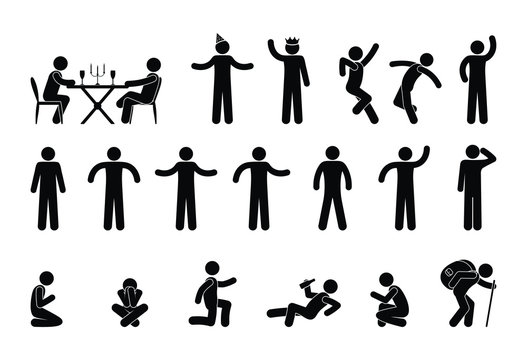 icon man, people stand, sit, lie, stick figure people illustration, isolated human silhouettes
