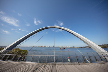 Close-up view of the iconic curved pedestrain bridge at Elizabeth Quay in Perth, Western Australia