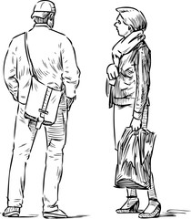 Freehand drawing of casual citizens couple standing on street and talking