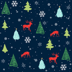 Seamless pattern with Christmas trees and snowflakes