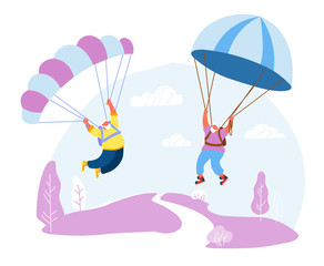 Senior White Haired Men Skydivers in Sports Wear Uniform Floating in Sky with Chutes. Happy Aged Pensioner Characters Doing Extreme Sport, Skydiving with Parachute, Cartoon Flat Vector Illustration