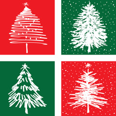 Set of decorative greeting cards with drawn christmas trees