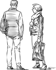 Sketch of casual citizens couple standing on street and talking